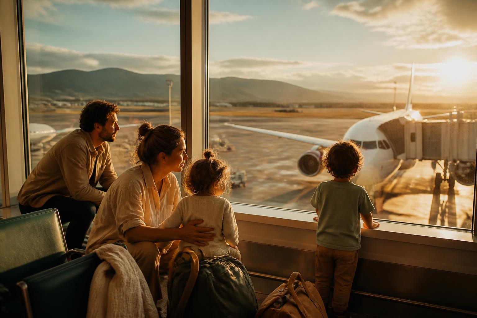 A family waiting at an airport departure gate in warm late-afternoon light