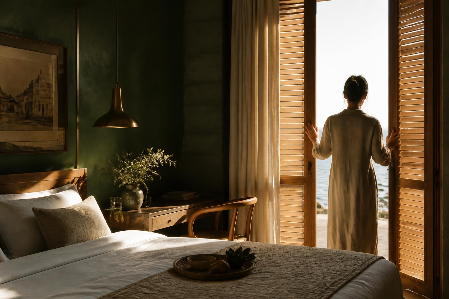 A boutique hotel suite with open shutters and warm morning light