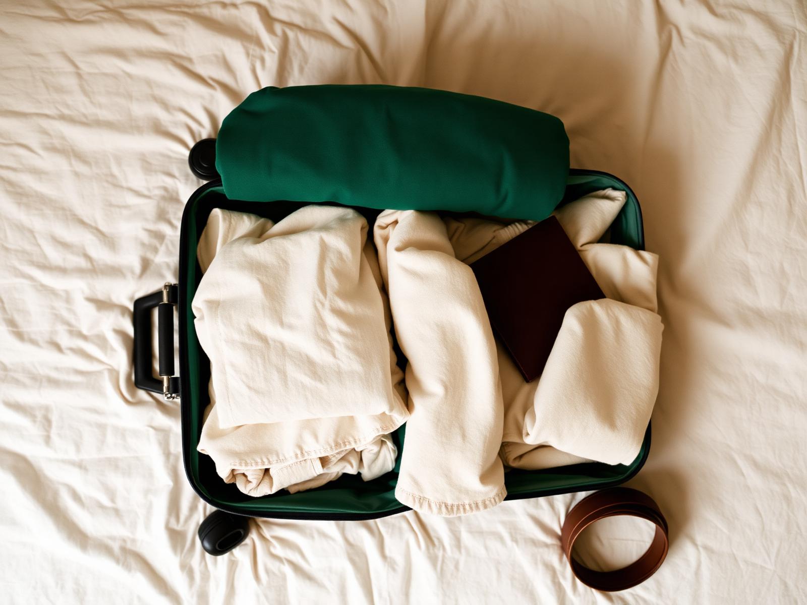 A neatly packed carry-on suitcase open on a linen bedspread, folded neutral clothing