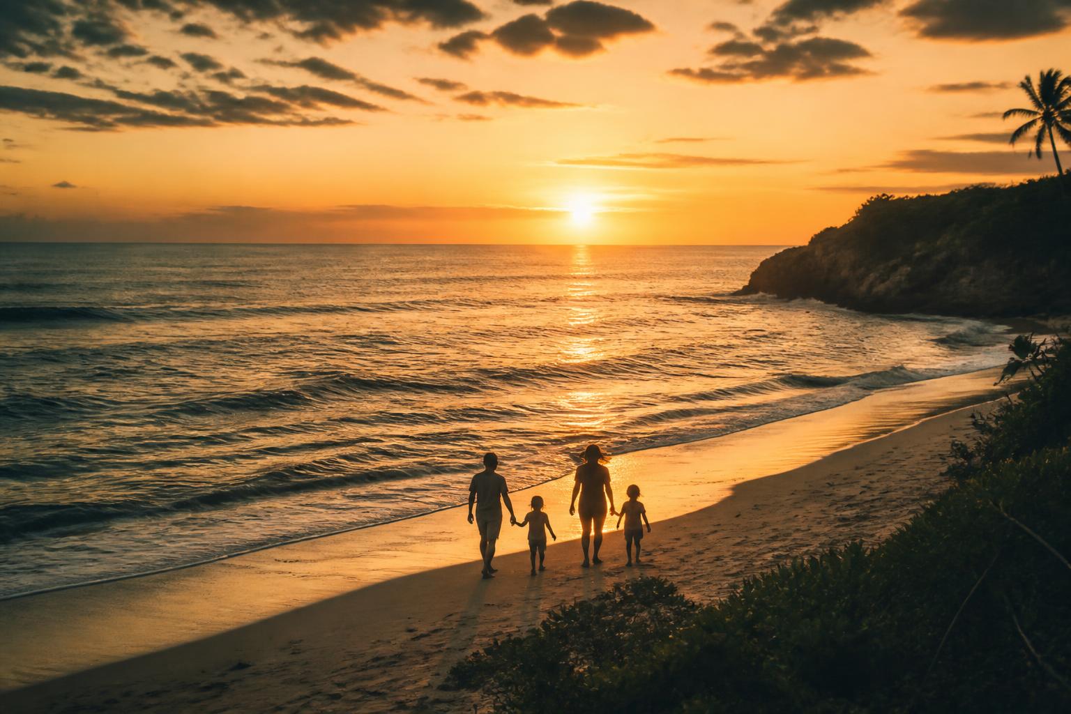 A family silhouetted along the waterline at ocean sunset